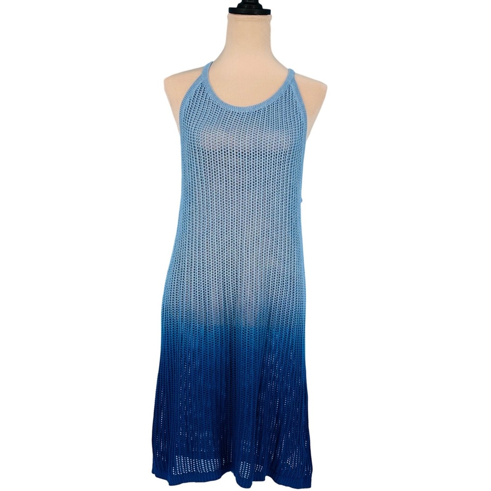 Tahari Womens Ombre Crochet Open Knit Dress‎ Blue Gradient Sleeveless Large